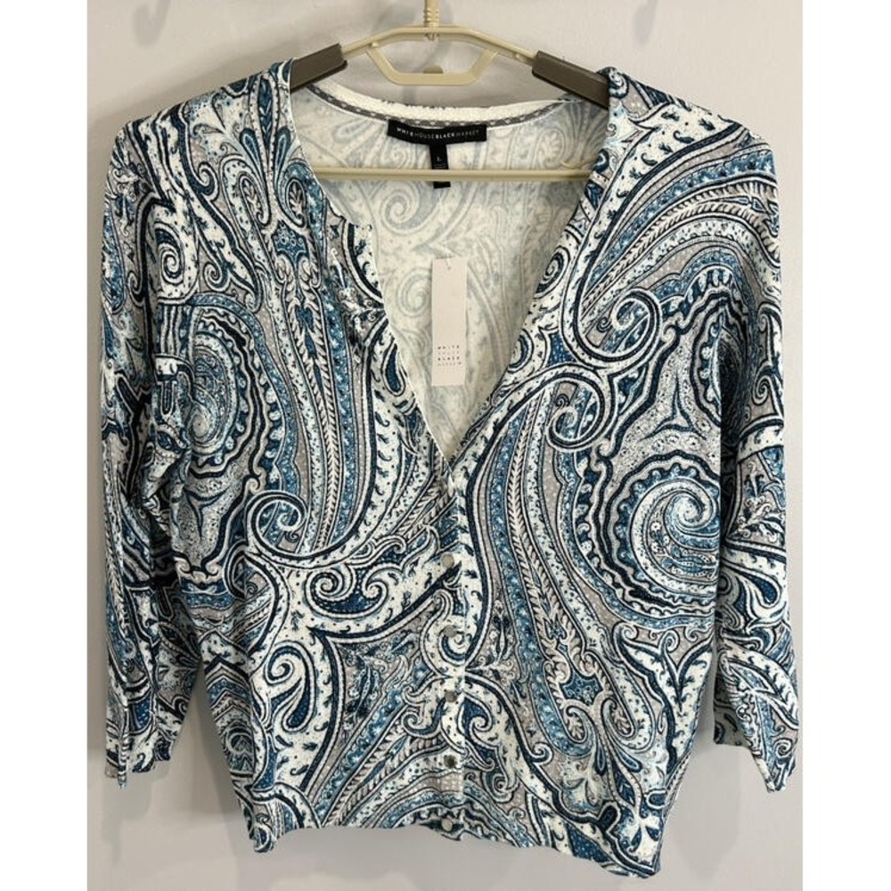 White House Black Market Sliver Snap V Neck 3/4 Sleeve Cardigan Sweater New L